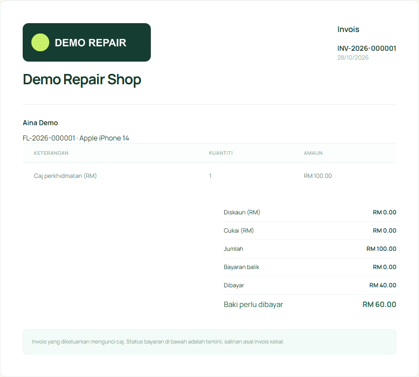 Contoh invois FixLaju dengan logo kedai demo, caj perkhidmatan, bayaran dan baki dalam ringgit.