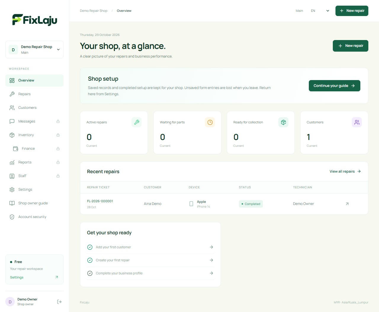 FixLaju dashboard showing repair statuses, financial summaries and a recent repair with example records.